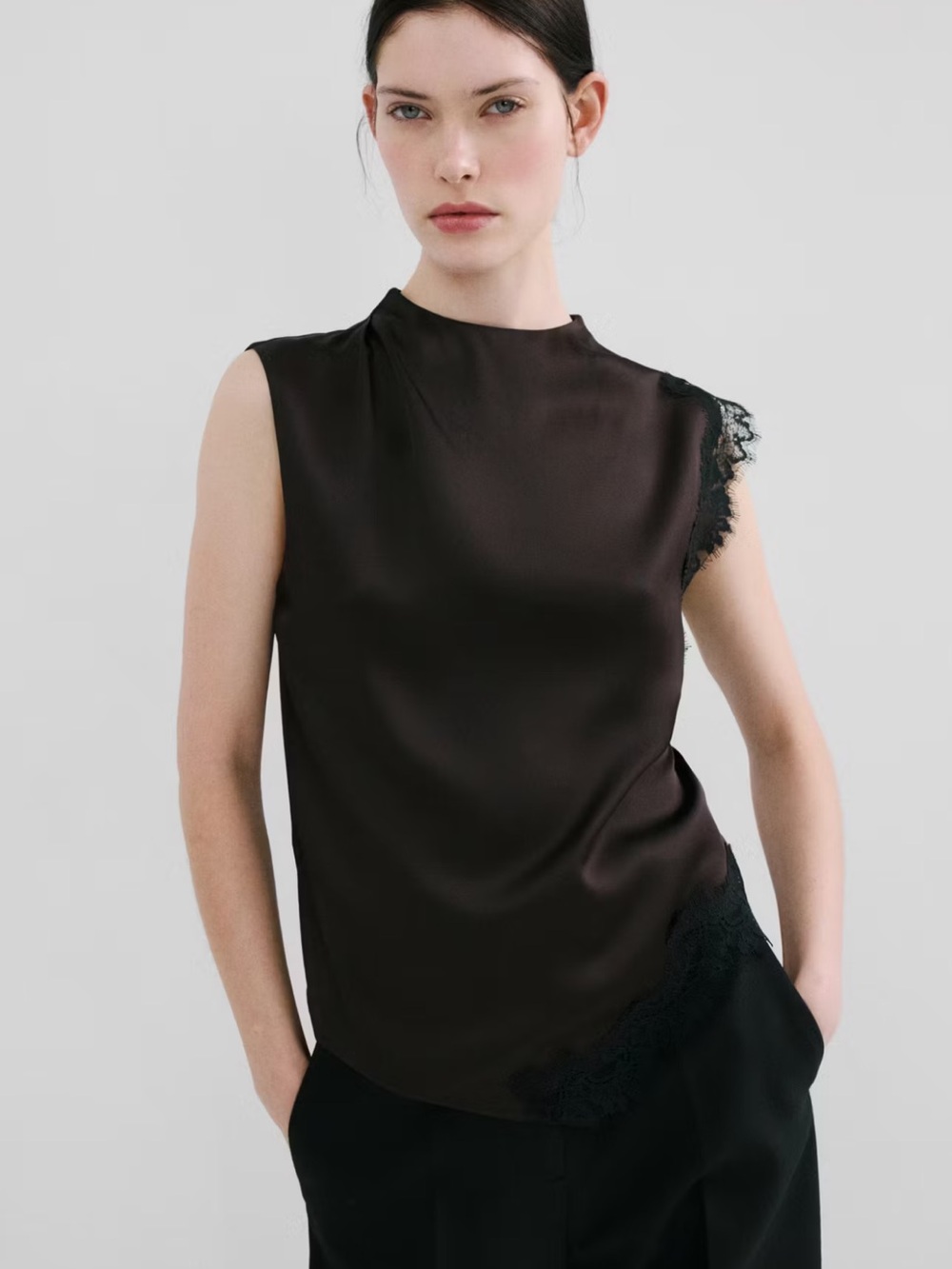 MANGO Sleeveless Black Lace-Trim Satin Brown Top